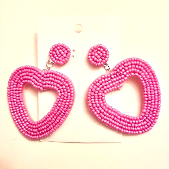 NWT PINK BEADED LARGE HEART EARRINGS NEW - Picture 1 of 1